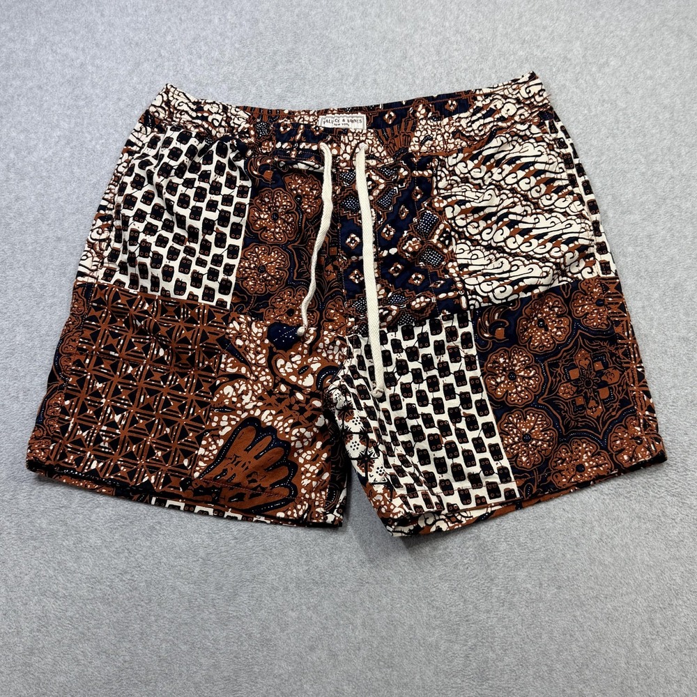 Wallace & Barnes Patchwork Shorts Mens Large Brown Batik 6 Inch Casual Elastic